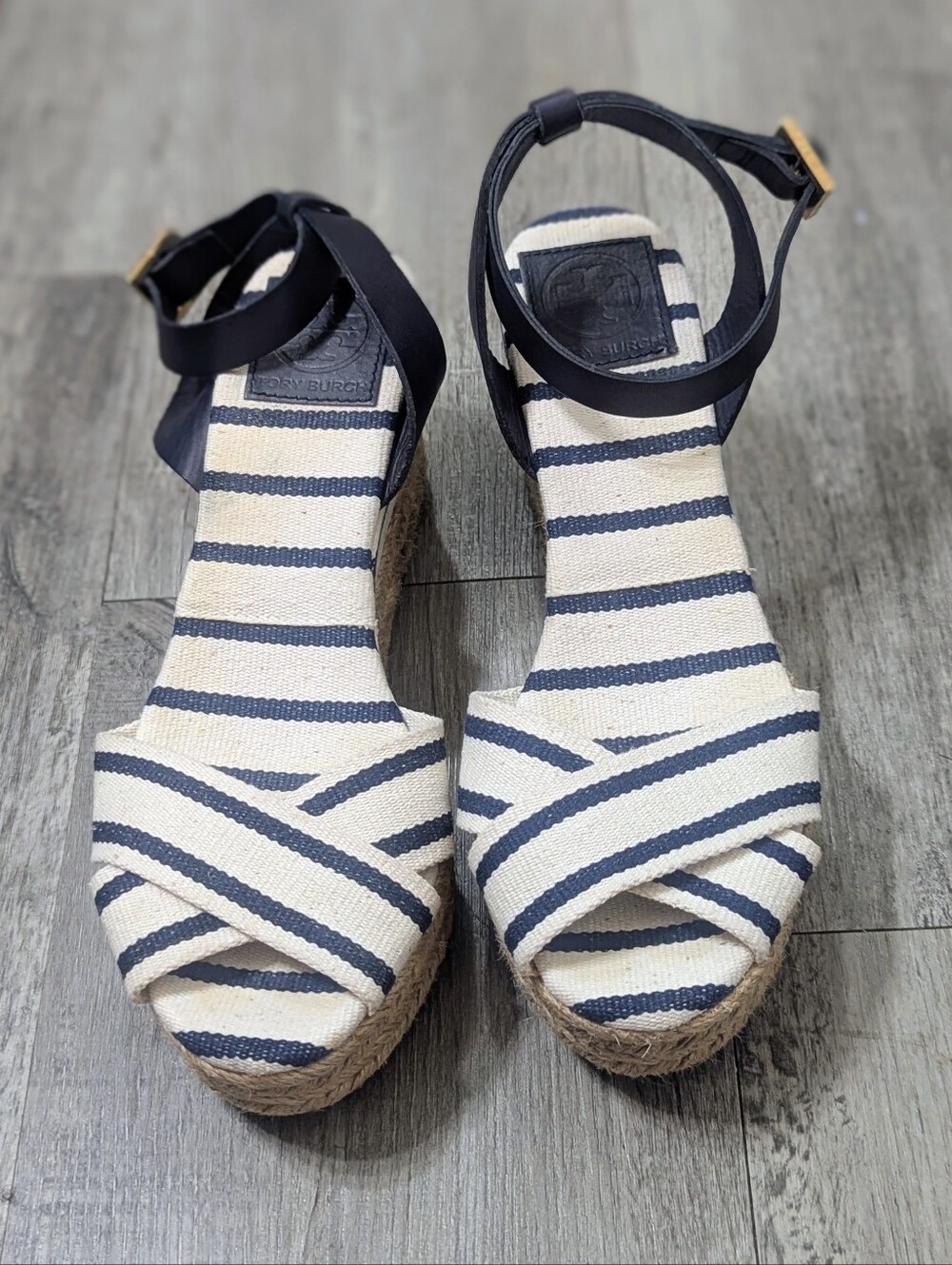 Tory Burch Karissa Navy & Cream Striped Espadrille Wedges with Ankle Strap